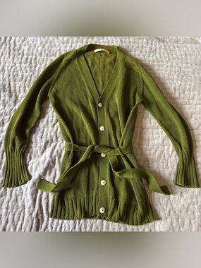 ERICA TANOV The Pima Cotton Belted Cardigan in Olive Green Sweater S 1 Estimated